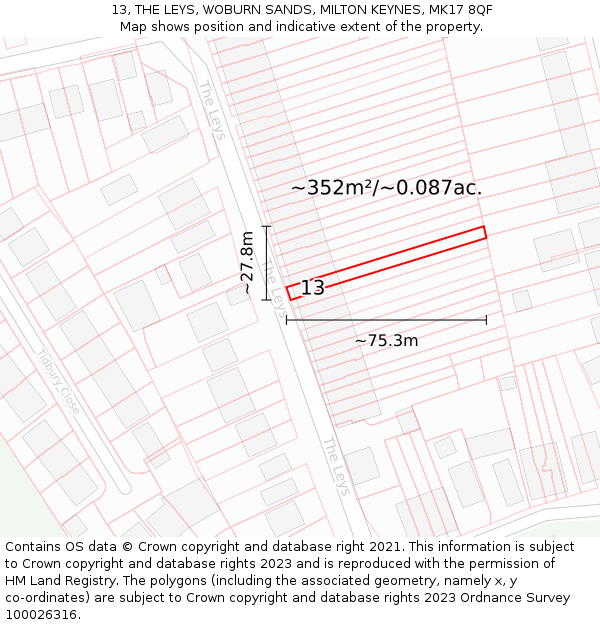 13, THE LEYS, WOBURN SANDS, MILTON KEYNES, MK17 8QF: Plot and title map