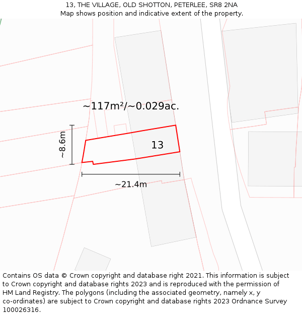 13, THE VILLAGE, OLD SHOTTON, PETERLEE, SR8 2NA: Plot and title map