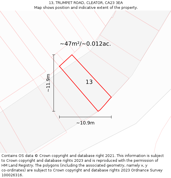 13, TRUMPET ROAD, CLEATOR, CA23 3EA: Plot and title map
