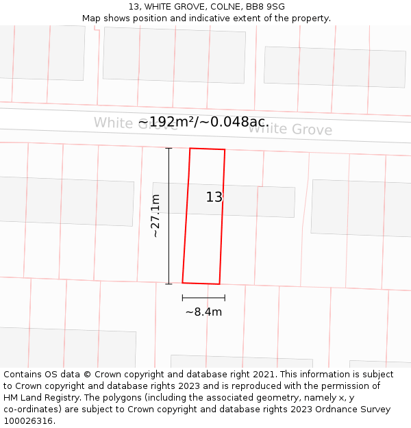 13, WHITE GROVE, COLNE, BB8 9SG: Plot and title map