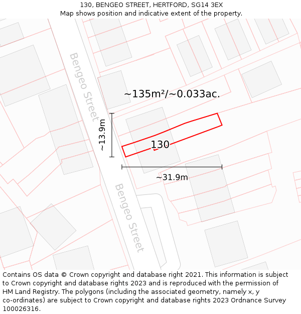 130, BENGEO STREET, HERTFORD, SG14 3EX: Plot and title map