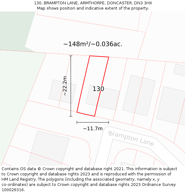 130, BRAMPTON LANE, ARMTHORPE, DONCASTER, DN3 3HX: Plot and title map