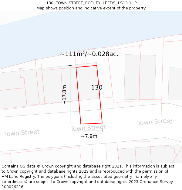 130, TOWN STREET, RODLEY, LEEDS, LS13 1HP: Plot and title map