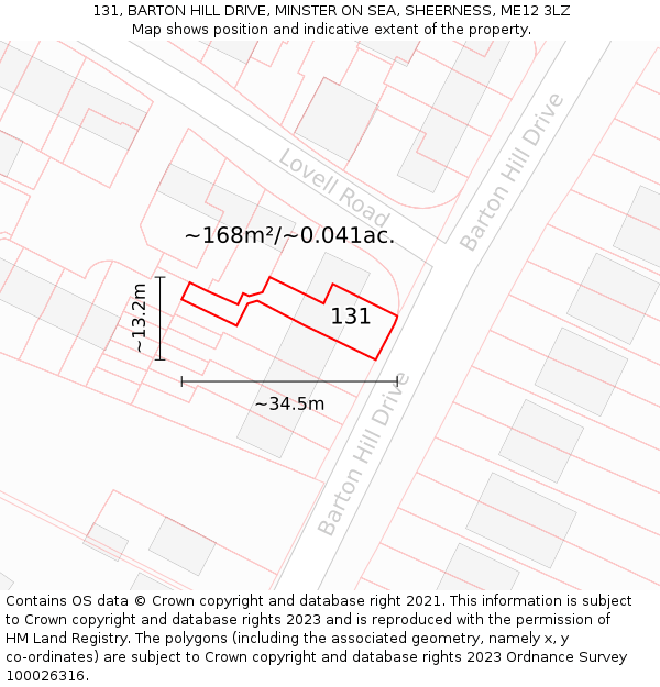 131, BARTON HILL DRIVE, MINSTER ON SEA, SHEERNESS, ME12 3LZ: Plot and title map