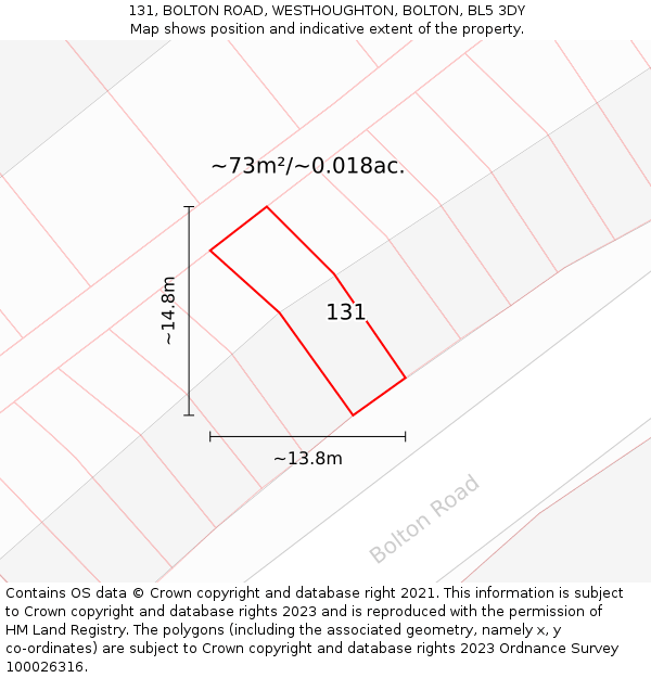 131, BOLTON ROAD, WESTHOUGHTON, BOLTON, BL5 3DY: Plot and title map