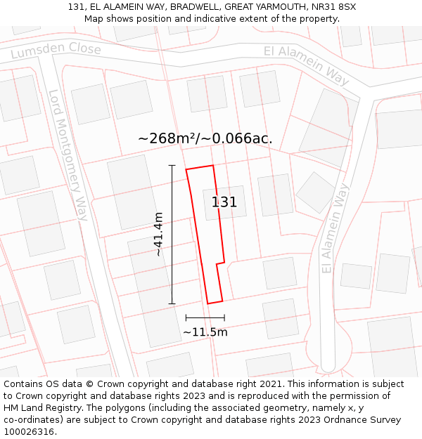 131, EL ALAMEIN WAY, BRADWELL, GREAT YARMOUTH, NR31 8SX: Plot and title map
