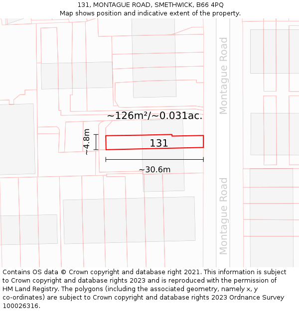 131, MONTAGUE ROAD, SMETHWICK, B66 4PQ: Plot and title map