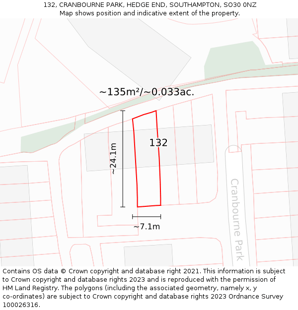 132, CRANBOURNE PARK, HEDGE END, SOUTHAMPTON, SO30 0NZ: Plot and title map