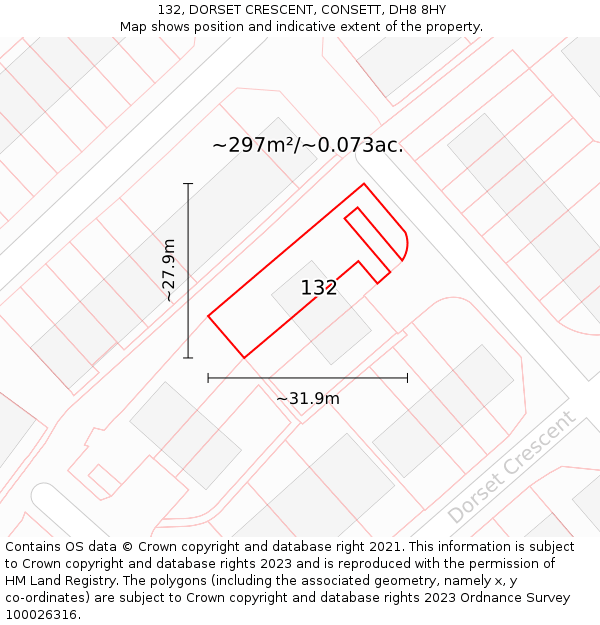 132, DORSET CRESCENT, CONSETT, DH8 8HY: Plot and title map