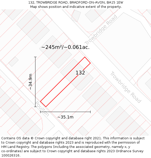 132, TROWBRIDGE ROAD, BRADFORD-ON-AVON, BA15 1EW: Plot and title map