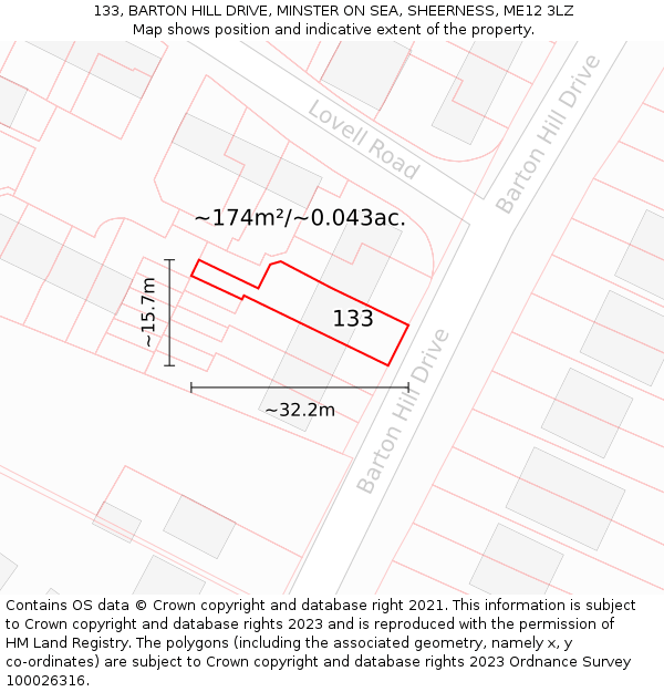 133, BARTON HILL DRIVE, MINSTER ON SEA, SHEERNESS, ME12 3LZ: Plot and title map