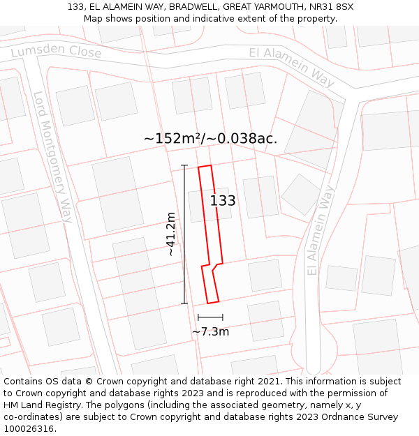 133, EL ALAMEIN WAY, BRADWELL, GREAT YARMOUTH, NR31 8SX: Plot and title map