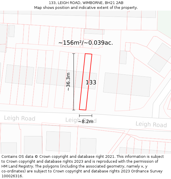 133, LEIGH ROAD, WIMBORNE, BH21 2AB: Plot and title map