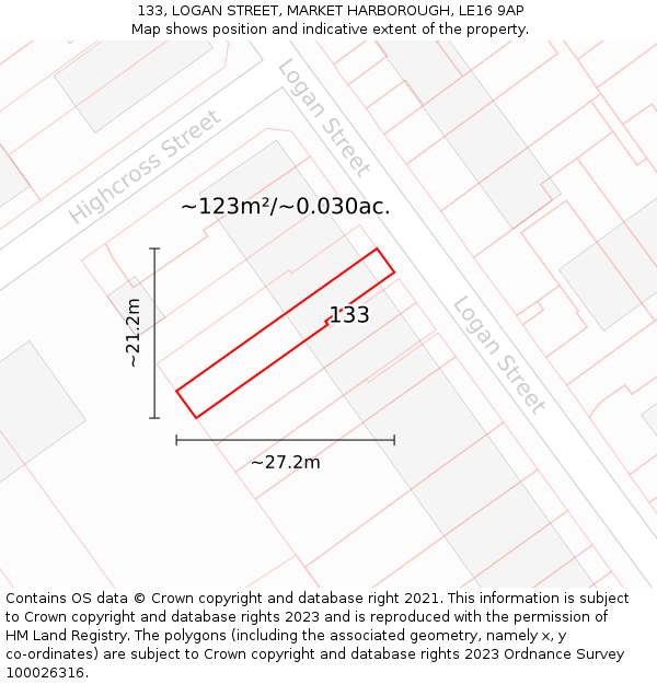 133, LOGAN STREET, MARKET HARBOROUGH, LE16 9AP: Plot and title map