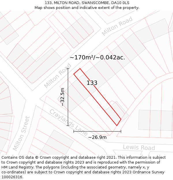 133, MILTON ROAD, SWANSCOMBE, DA10 0LS: Plot and title map