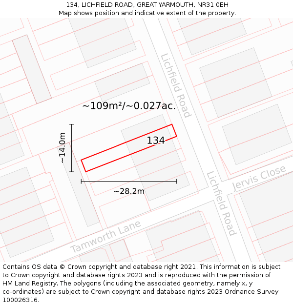 134, LICHFIELD ROAD, GREAT YARMOUTH, NR31 0EH: Plot and title map