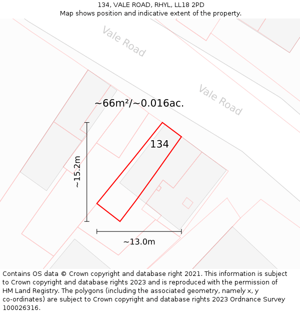 134, VALE ROAD, RHYL, LL18 2PD: Plot and title map