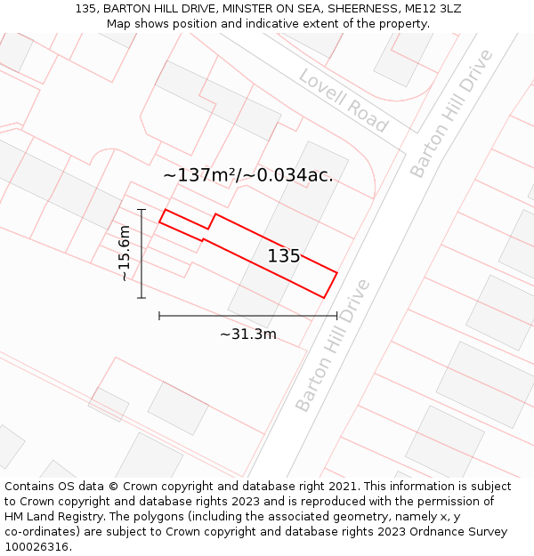 135, BARTON HILL DRIVE, MINSTER ON SEA, SHEERNESS, ME12 3LZ: Plot and title map