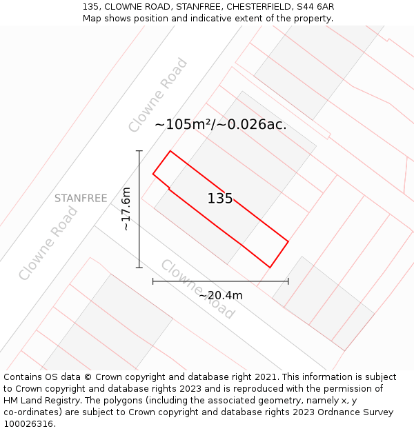 135, CLOWNE ROAD, STANFREE, CHESTERFIELD, S44 6AR: Plot and title map