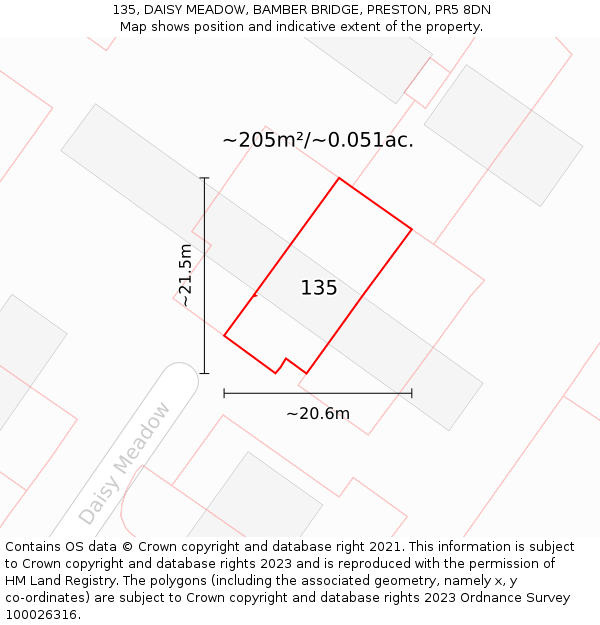 135, DAISY MEADOW, BAMBER BRIDGE, PRESTON, PR5 8DN: Plot and title map