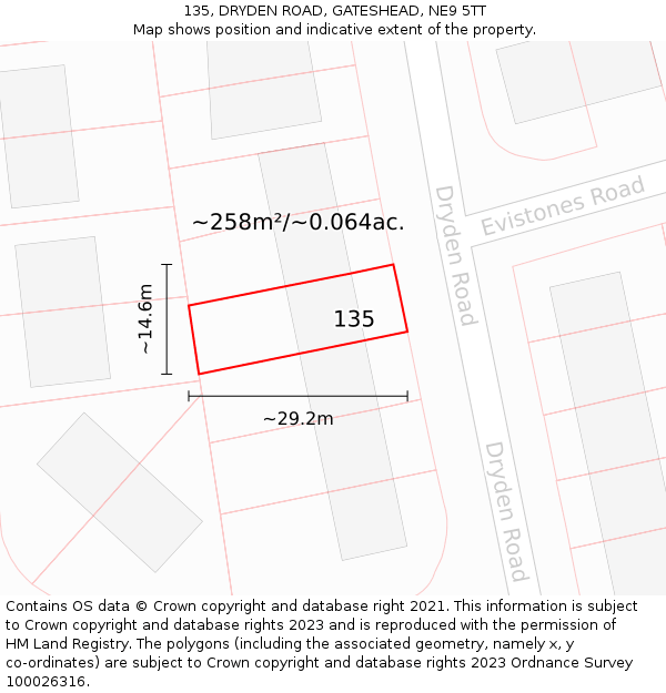 135, DRYDEN ROAD, GATESHEAD, NE9 5TT: Plot and title map