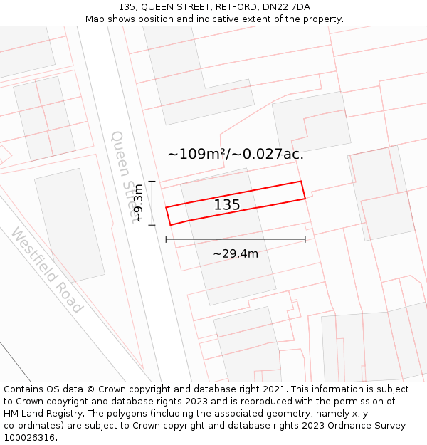 135, QUEEN STREET, RETFORD, DN22 7DA: Plot and title map