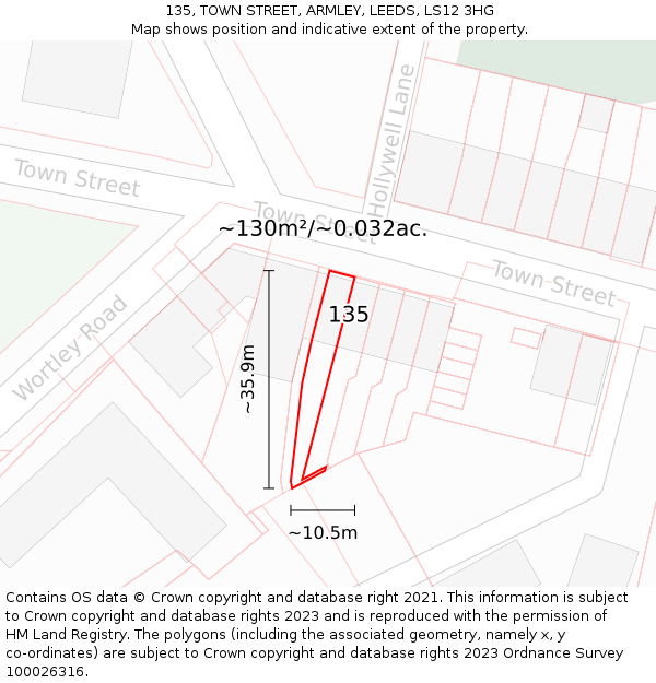 135, TOWN STREET, ARMLEY, LEEDS, LS12 3HG: Plot and title map