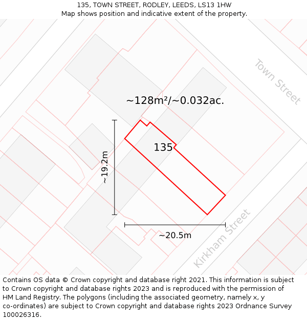 135, TOWN STREET, RODLEY, LEEDS, LS13 1HW: Plot and title map