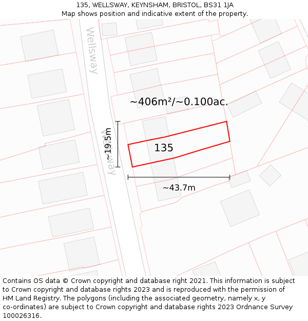 135, WELLSWAY, KEYNSHAM, BRISTOL, BS31 1JA: Plot and title map