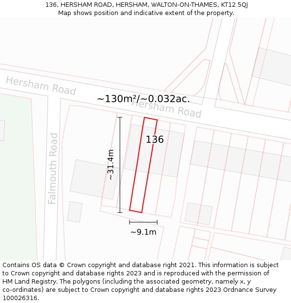 136, HERSHAM ROAD, HERSHAM, WALTON-ON-THAMES, KT12 5QJ: Plot and title map