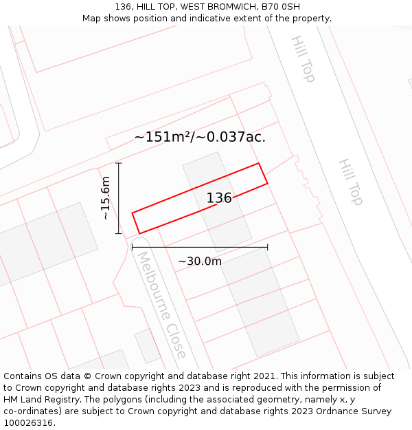 136, HILL TOP, WEST BROMWICH, B70 0SH: Plot and title map