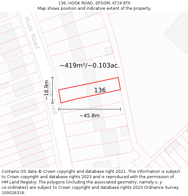 136, HOOK ROAD, EPSOM, KT19 8TX: Plot and title map