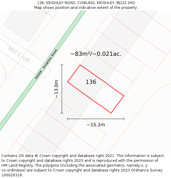 136, KEIGHLEY ROAD, COWLING, KEIGHLEY, BD22 0AS: Plot and title map