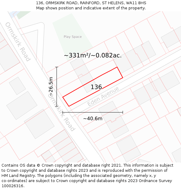 136, ORMSKIRK ROAD, RAINFORD, ST HELENS, WA11 8HS: Plot and title map