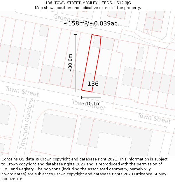 136, TOWN STREET, ARMLEY, LEEDS, LS12 3JG: Plot and title map
