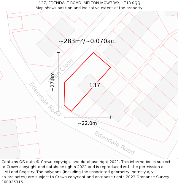 137, EDENDALE ROAD, MELTON MOWBRAY, LE13 0QQ: Plot and title map