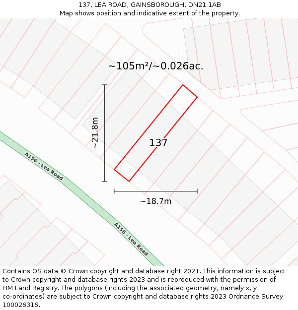 137, LEA ROAD, GAINSBOROUGH, DN21 1AB: Plot and title map