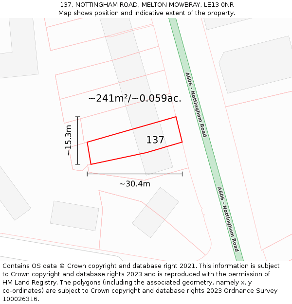 137, NOTTINGHAM ROAD, MELTON MOWBRAY, LE13 0NR: Plot and title map