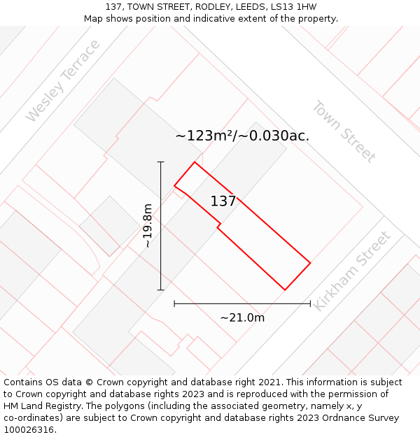 137, TOWN STREET, RODLEY, LEEDS, LS13 1HW: Plot and title map