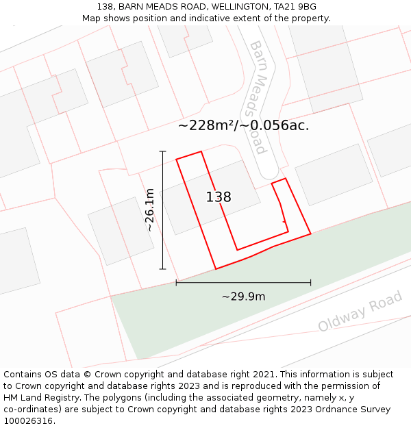 138, BARN MEADS ROAD, WELLINGTON, TA21 9BG: Plot and title map