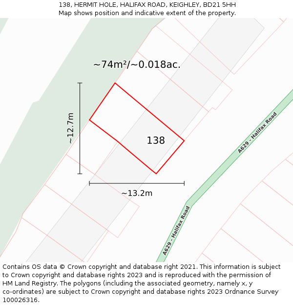 138, HERMIT HOLE, HALIFAX ROAD, KEIGHLEY, BD21 5HH: Plot and title map