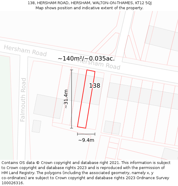 138, HERSHAM ROAD, HERSHAM, WALTON-ON-THAMES, KT12 5QJ: Plot and title map