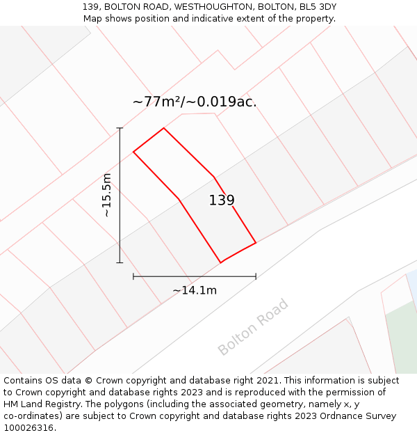 139, BOLTON ROAD, WESTHOUGHTON, BOLTON, BL5 3DY: Plot and title map