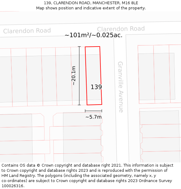 139, CLARENDON ROAD, MANCHESTER, M16 8LE: Plot and title map