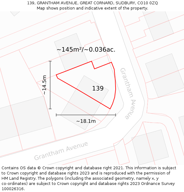 139, GRANTHAM AVENUE, GREAT CORNARD, SUDBURY, CO10 0ZQ: Plot and title map