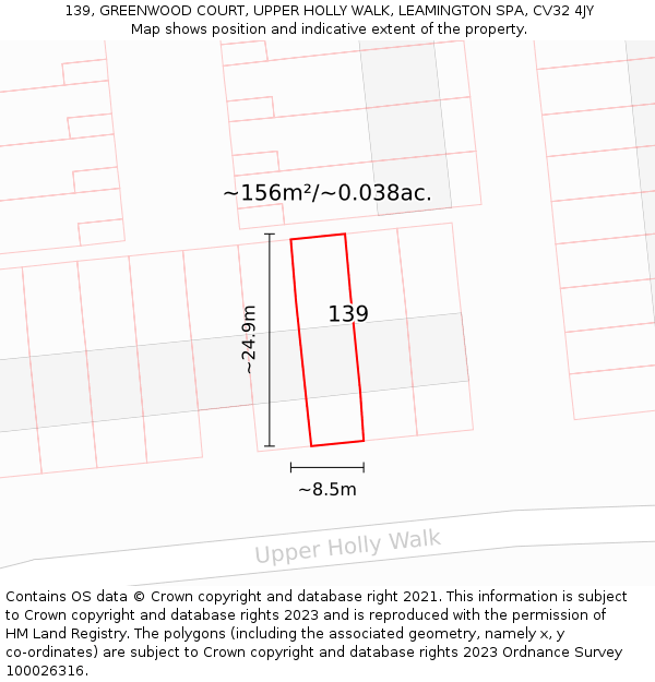 139, GREENWOOD COURT, UPPER HOLLY WALK, LEAMINGTON SPA, CV32 4JY: Plot and title map