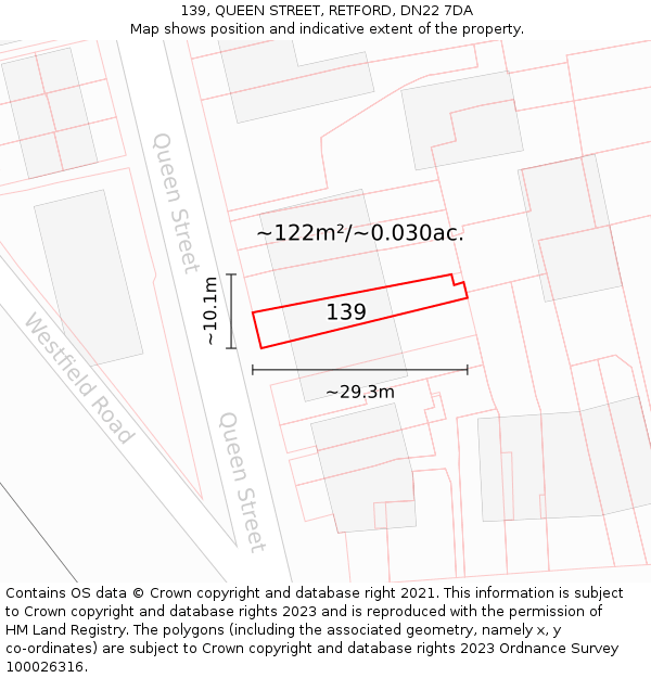 139, QUEEN STREET, RETFORD, DN22 7DA: Plot and title map