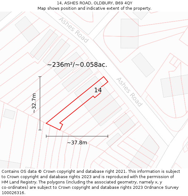 14, ASHES ROAD, OLDBURY, B69 4QY: Plot and title map