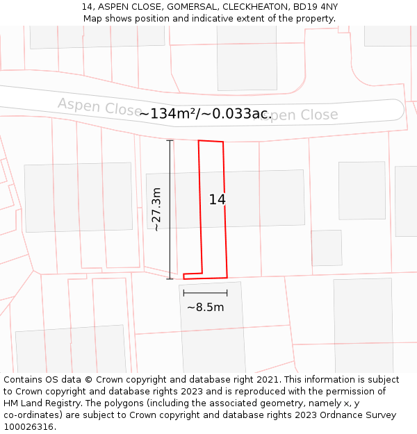 14, ASPEN CLOSE, GOMERSAL, CLECKHEATON, BD19 4NY: Plot and title map