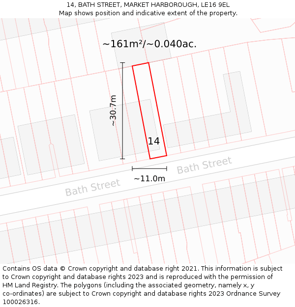 14, BATH STREET, MARKET HARBOROUGH, LE16 9EL: Plot and title map